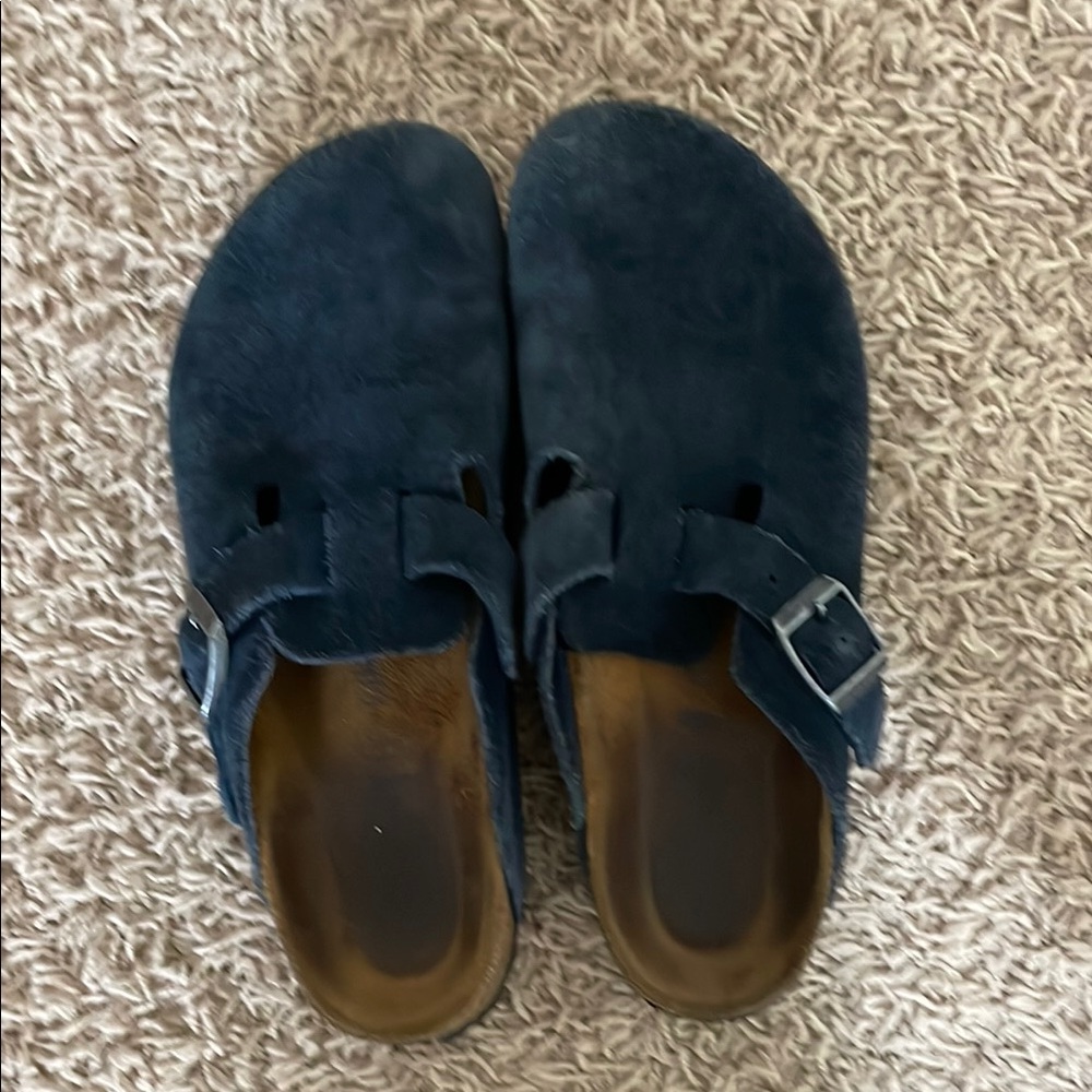 Birkenstock Dark Blue Suede Sandals with Metallic Buckle
